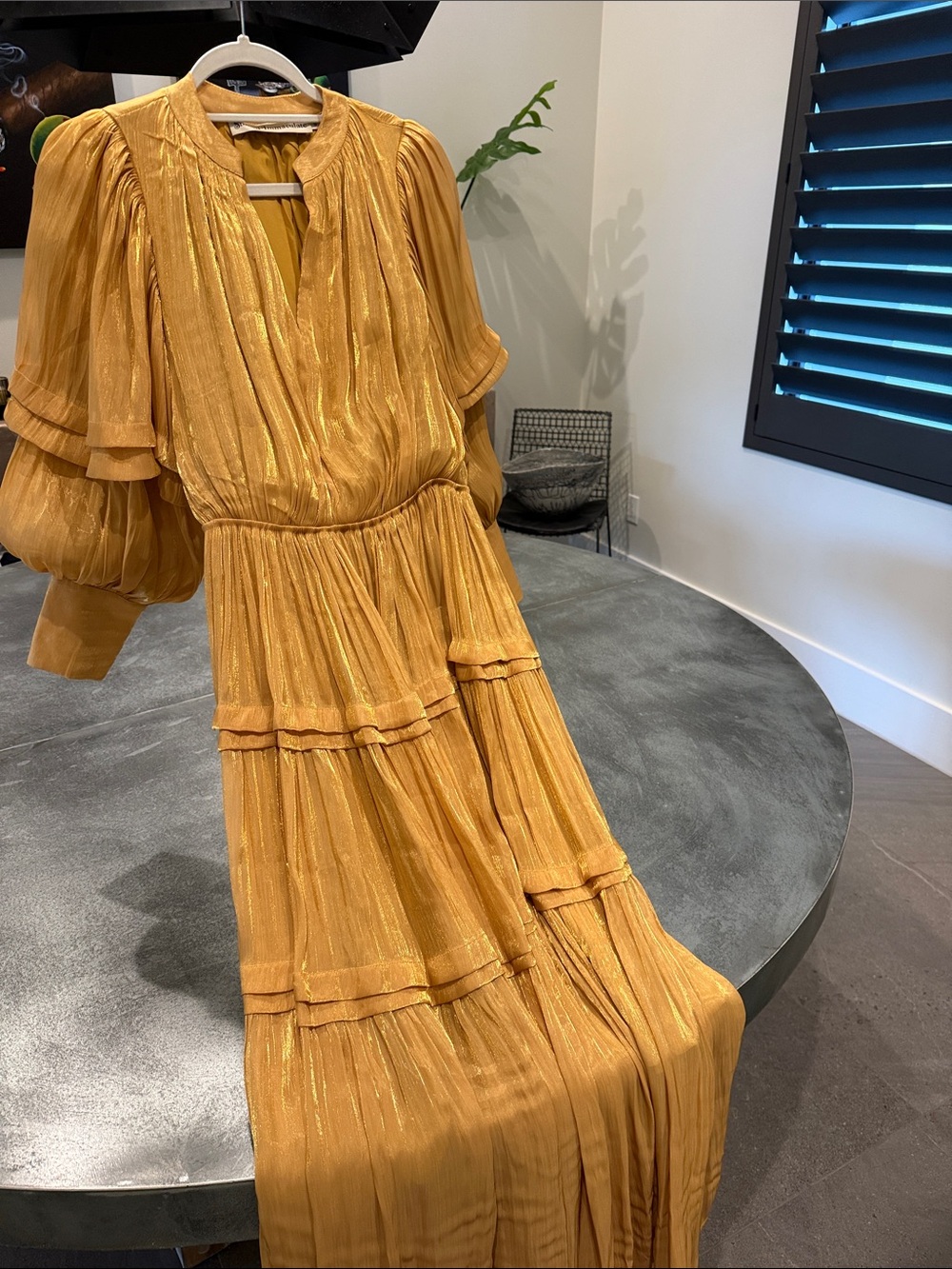 Stoned Immaculate Metallic Mustard Tiered Maxi Dress